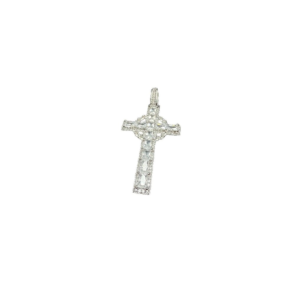 925 Sterling Silver Cross Charm Pendant, Signed, Lab-Made Cluster Diamonds